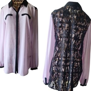 Nicole Miller Womens Pink Button Front Sheer Front Dress Black Lace Medium